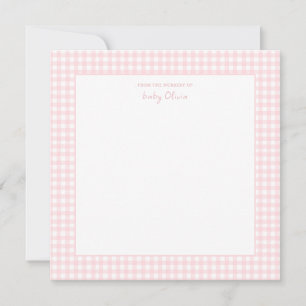 Carte De Remerciements Cute Rose et blanc en vichy Carré Baby Girl
