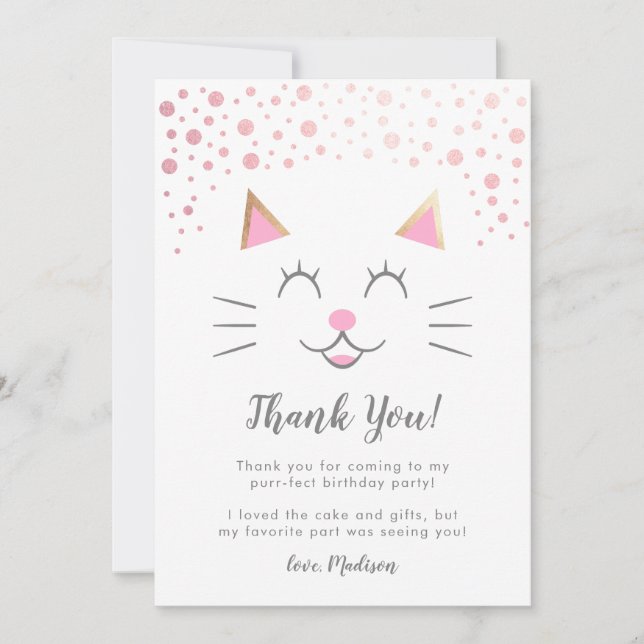 Carte De Remerciements Cute Rose Gold Kitty Chat Anniversaire (Devant)