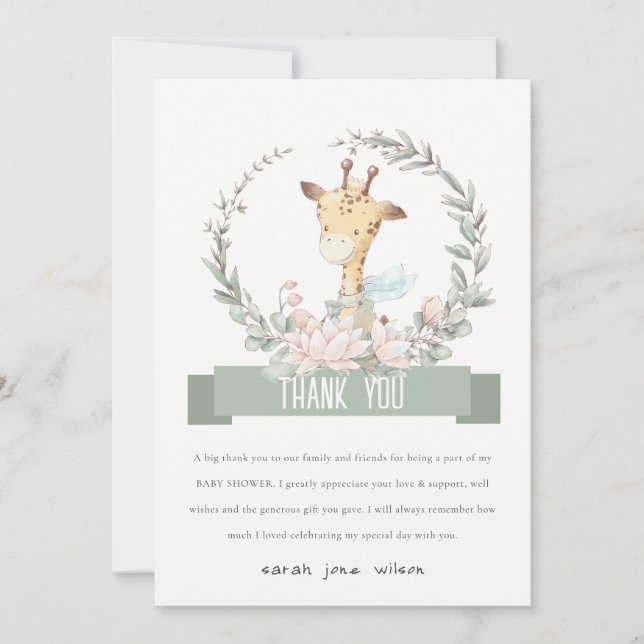 Carte De Remerciements Cute Soft Safari Giraffe Baby shower fleuri de cou (Devant)