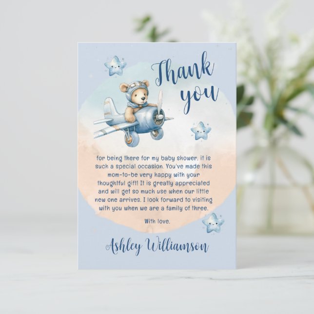 Carte De Remerciements Cute Teddy Bear Aviator Baby shower (Debout devant)