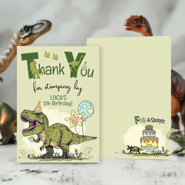 Carte De Remerciements Cute TRex Dinosaur Five-Rex Boy 5th Birthday Party (Funny custom name Five-a-saurus Dinosaur Jurassic green 5th birthday party thank you for stomping by)