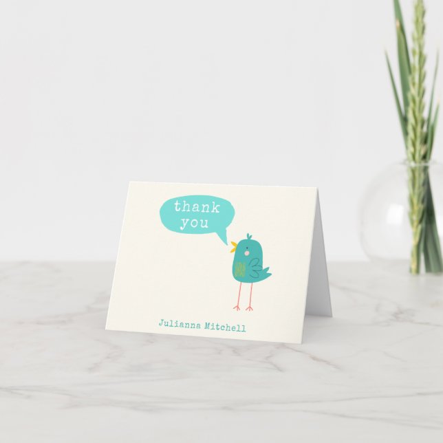 Carte De Remerciements Cute Turquoise Blue Bird Nom Personnalisé (Devant)