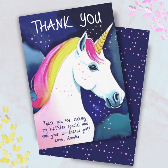 Carte De Remerciements Cute Unicorn Magique Stars Fille Anniversaire (Créateur téléchargé)