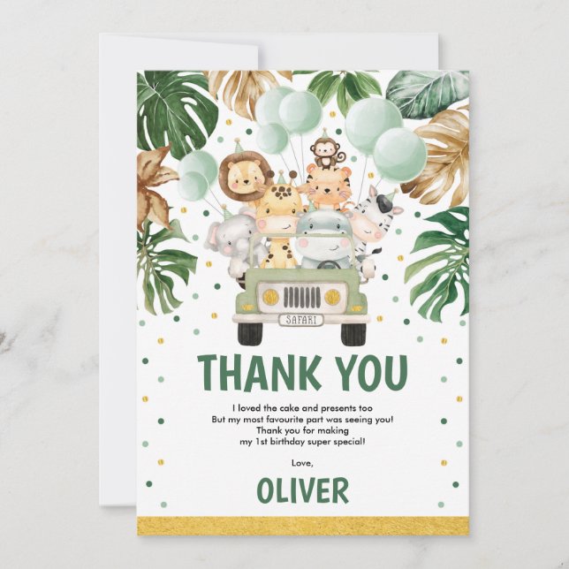 Carte De Remerciements Cute Wild Jungle Safari Animaux Verdure Anniversai (Devant)