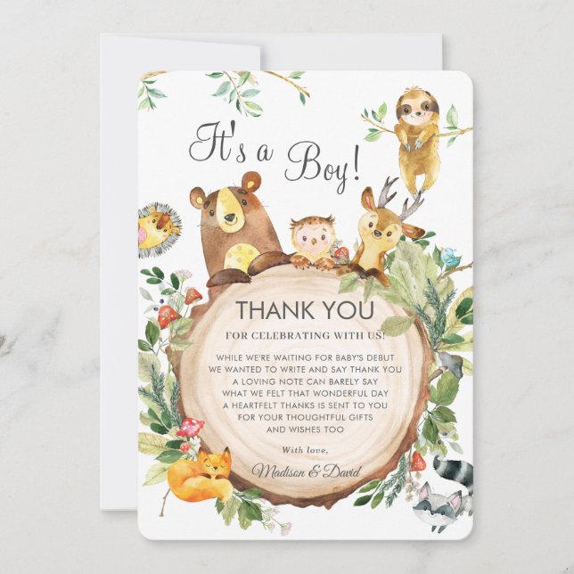 Carte De Remerciements Cute Woodland Animaux Baby shower verdoyant Neutre (Devant)