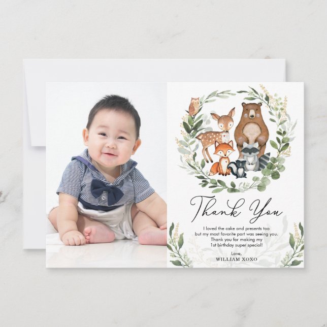 Carte De Remerciements Cute Woodland Animaux Végétation Gold Anniversaire (Devant)