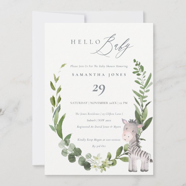 Carte De Remerciements Cute Zebra Foliage Wreath Hello Baby shower Invita (Devant)