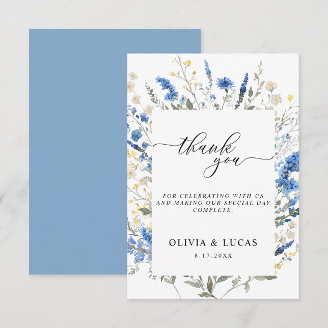 Carte De Remerciements Dainty Dusty Blue Wild Floral Navy Rustique Mariag (Devant / Derrière)