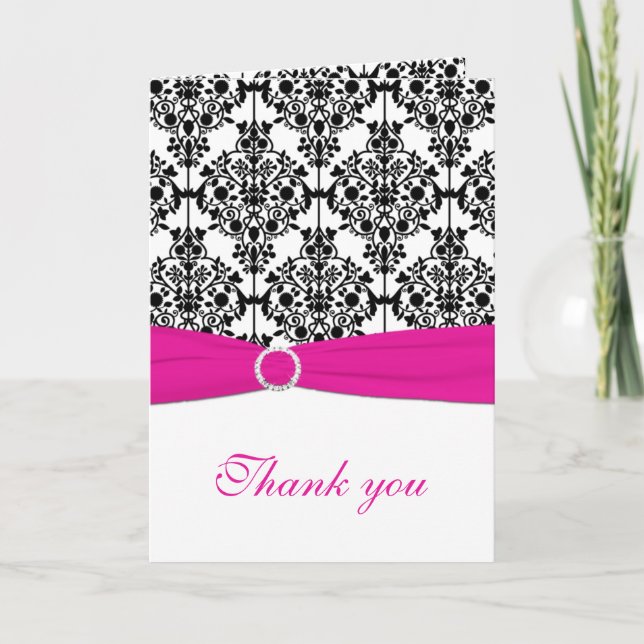 Carte de remerciements Damas rose, blanc et noir (Devant)