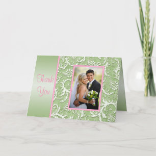 Carte de remerciements Damas rose et vert avec pho