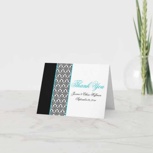 Carte de remerciements Damas turquoise, blanc et n (Devant)