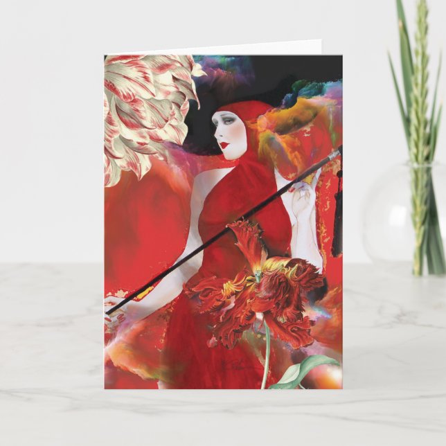 Carte De Remerciements Dame rouge avec fleurs (Devant)