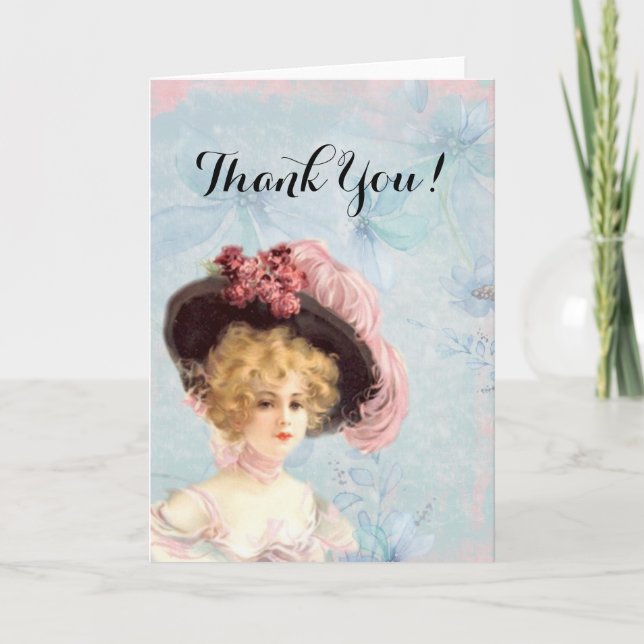 Carte De Remerciements Dame victorienne en Casquette plumé avec roses ros (Devant)