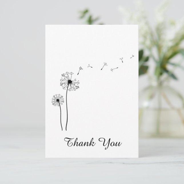 Carte De Remerciements Dandelion noir et blanc soufflant dans le vent (Debout devant)