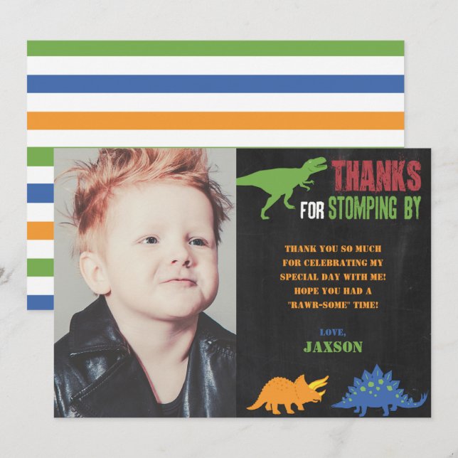 carte de remerciements d'anniversaire de Dinosaur  (Devant / Derrière)