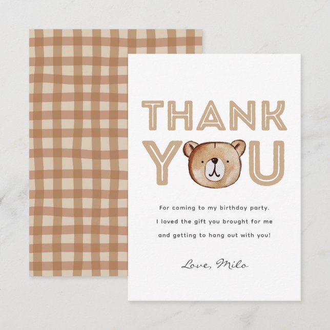 Carte de remerciements d'anniversaire de l'ours pr (Devant / Derrière)