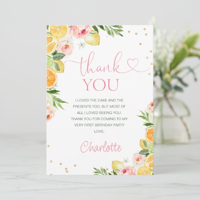 Carte de remerciements d'anniversaire des agrumes  (Debout devant)