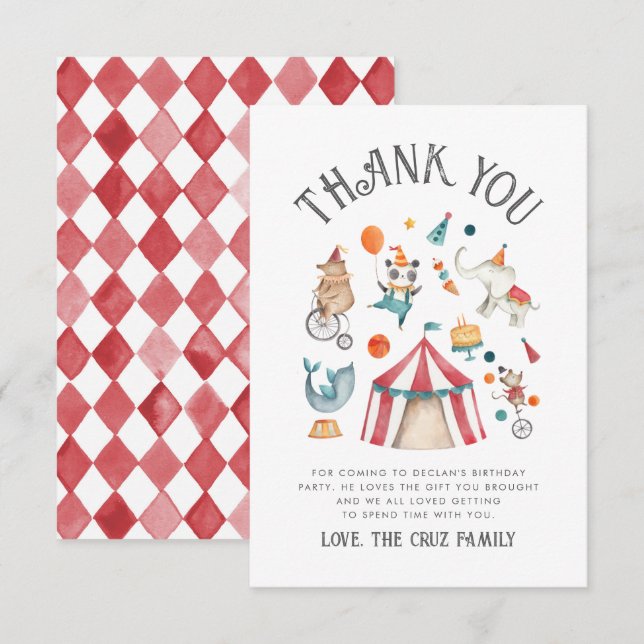 Carte de remerciements d'anniversaire du cirque (Devant / Derrière)