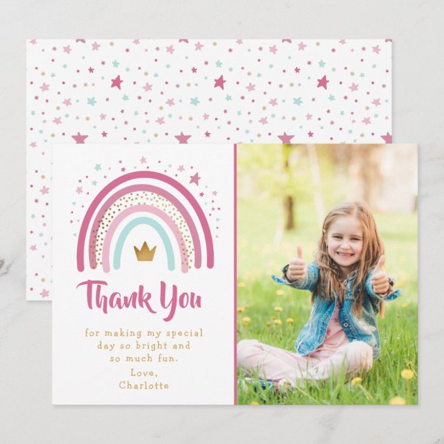 Carte de remerciements d'anniversaire rose arc-en- (Devant / Derrière)