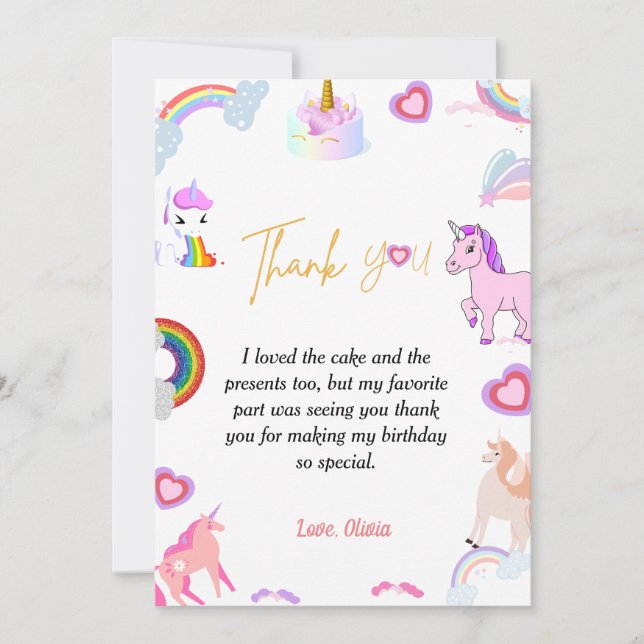 Carte de remerciements d'anniversaire unicorne de  (Devant)