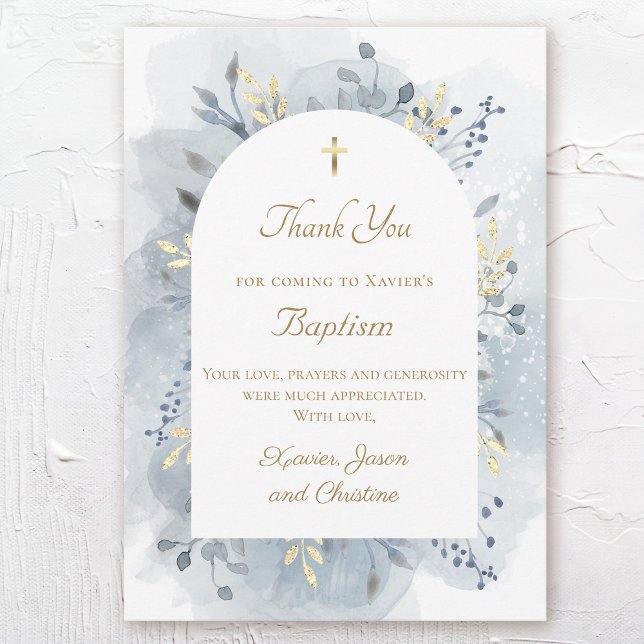 Carte de remerciements d'aquarelle bleu baptême (Créateur téléchargé)