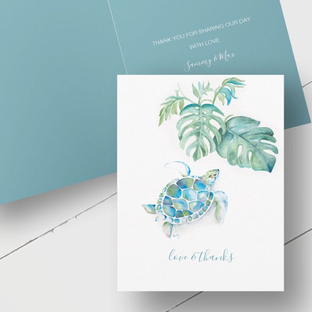 Carte de remerciements d'aquarelle Tropical Blue S (Sea turtle thank you cards watercolor art by Victoria Grigaliunas Do Tell A Belle)