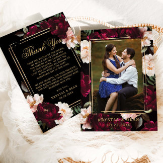 Carte De Remerciements Dark Burgundy Blush Black Floral Wedding Photo
