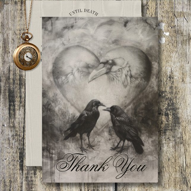 Carte De Remerciements Dark Gothique Noir & Tan Raven Mariage de script (Dark Gothic Black & Tan Raven Script Wedding Thank You Card)