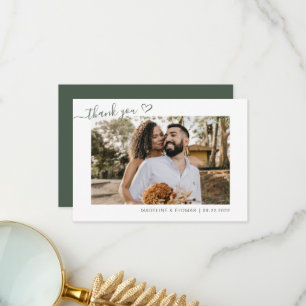 Carte De Remerciements Dark Green Boho Simple Photo Heart Script Mariage
