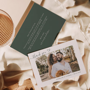 Carte De Remerciements Dark Green Simple Photo Heart Script Mariage
