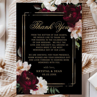 Carte De Remerciements Dark Moody Burgundy Blush Black Floral Wedding