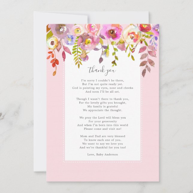 Carte de remerciements de baby shower à fleurs ros (Devant)