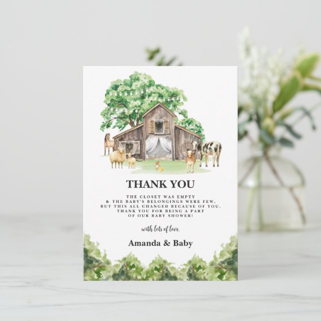 Carte de remerciements de Baby shower animal agric (Debout devant)