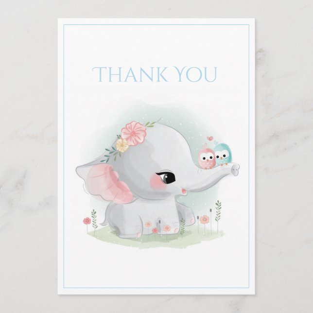 Carte de remerciements de Baby shower bleu Eléphan (Devant)