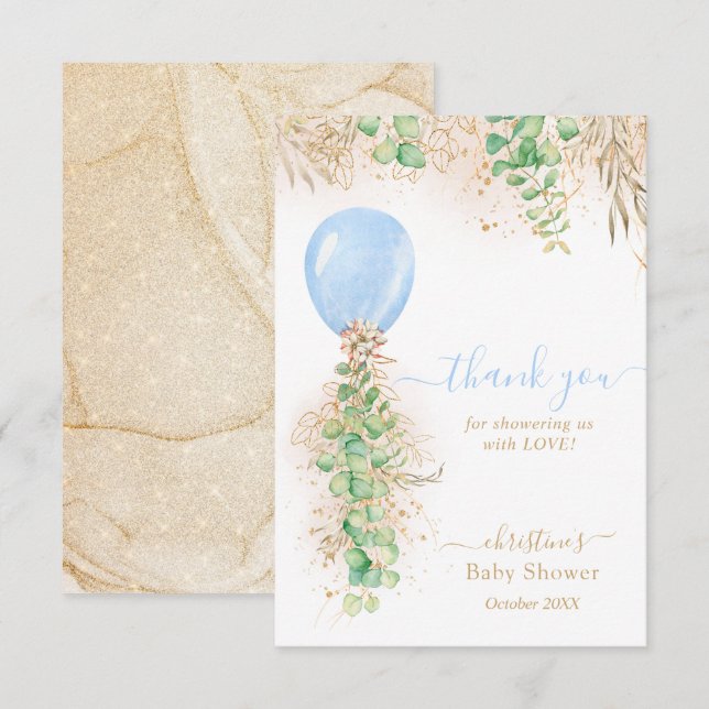 Carte de remerciements de Baby shower bleu Eucalyp (Devant / Derrière)