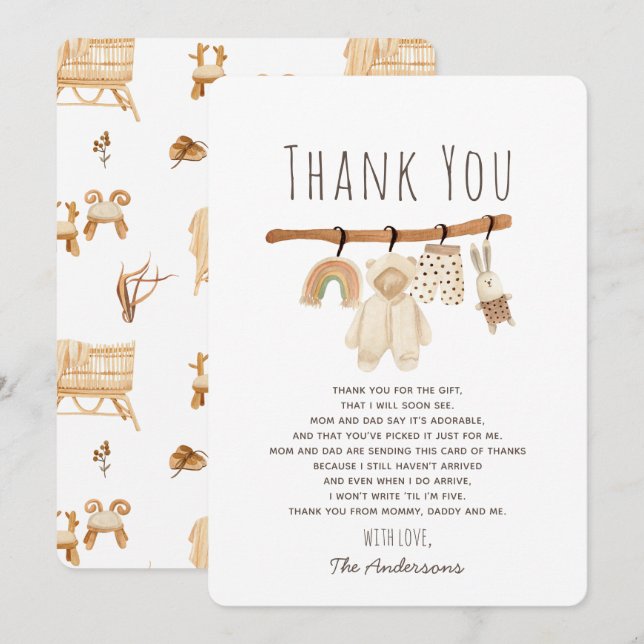 Carte de remerciements de Baby shower Boho Clothes (Devant / Derrière)