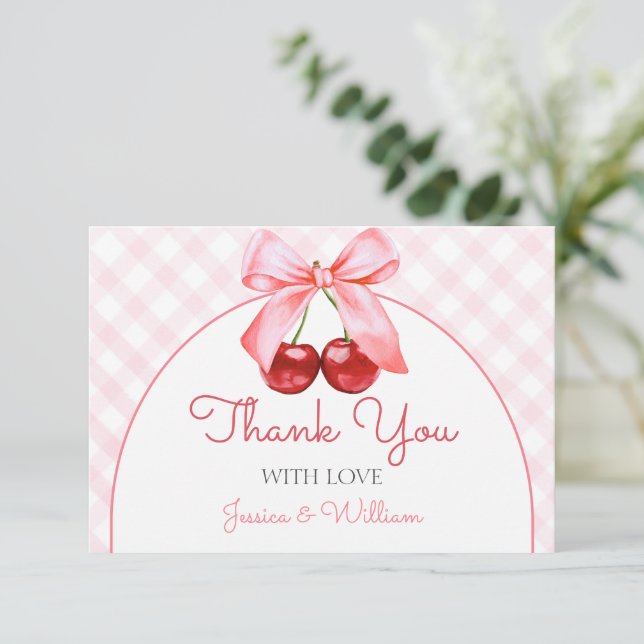Carte de remerciements de Baby shower cerise rose (Debout devant)
