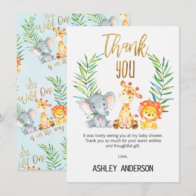Carte de remerciements de baby shower d'animaux de (Devant / Derrière)