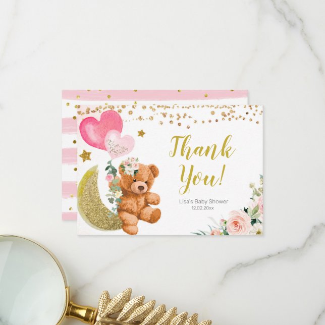 Carte de remerciements de Baby shower de ballon ro (Devant/Arrière en situation)