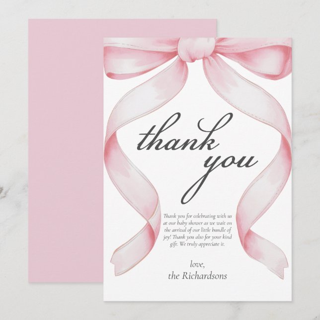 Carte de remerciements de Baby shower de Bow rose (Devant / Derrière)