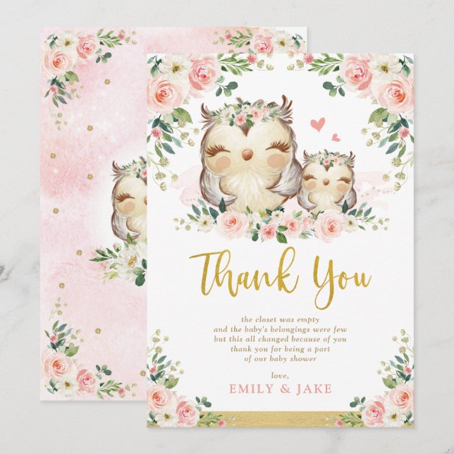 Carte de remerciements de Baby shower de Chouette  (Devant / Derrière)