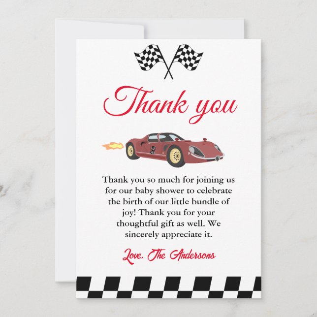 Carte de remerciements de Baby shower de course au (Devant)