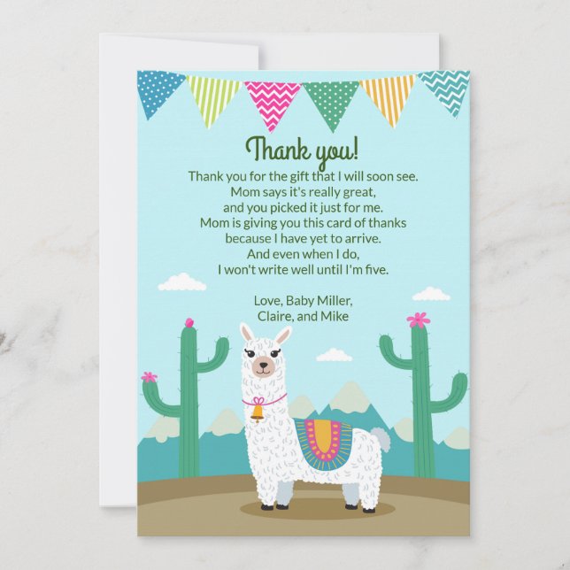 Carte de remerciements de baby shower de lama (Devant)