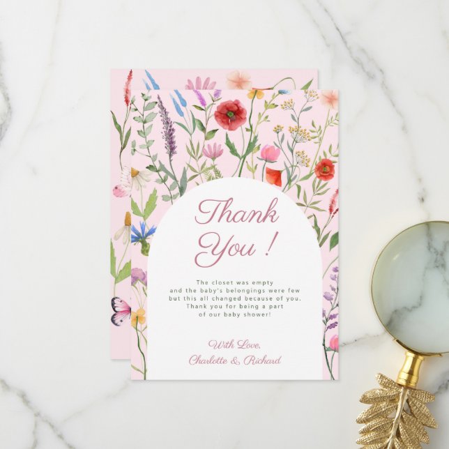 Carte de remerciements de Baby shower de petite fi (Devant/Arrière en situation)