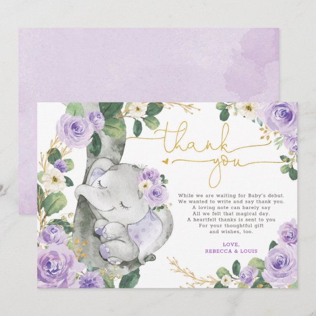 Carte de remerciements de Baby shower d'éléphants  (Devant / Derrière)