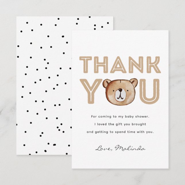 Carte de remerciements de Baby shower d'ours | Béb (Devant / Derrière)