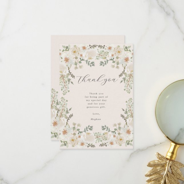 Carte de remerciements de Baby shower floral ivoir (Devant/Arrière en situation)