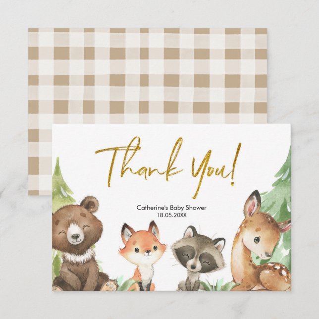 Carte de remerciements de Baby shower forestier (Devant / Derrière)