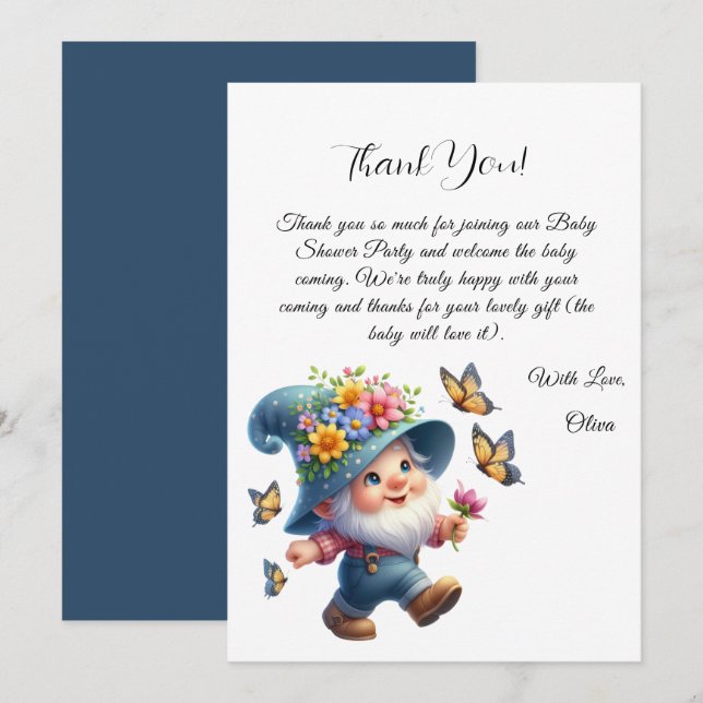 Carte de remerciements de Baby shower Gnome & Papi (Devant / Derrière)