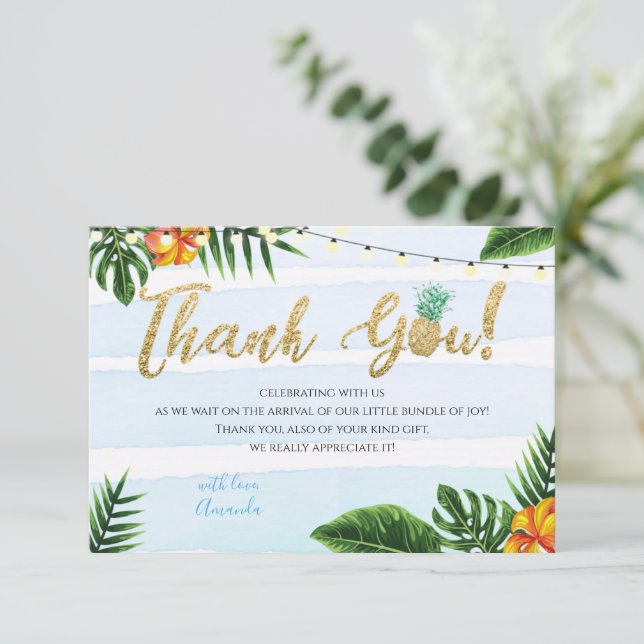 Carte de remerciements de Baby shower Gold Aloha (Debout devant)